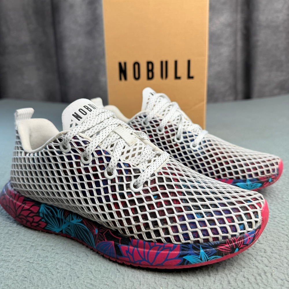NOBULL Mesh Runner White Floral Lotus Print Training Shoes Womens Size 7